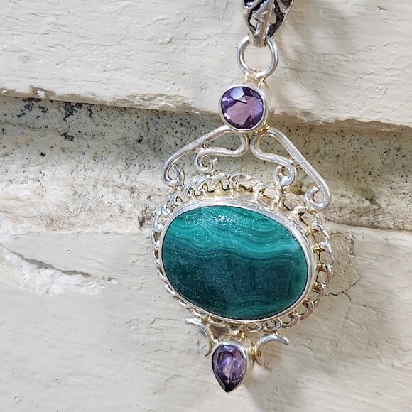Vintage Womens Malachite & 925 Sterling Silver Necklace Rope 24